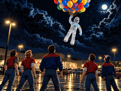 A group of four vintage-clad teenagers stands in a parking lot at night, looking up at a colorful balloon figure floating in the air under a full moon.