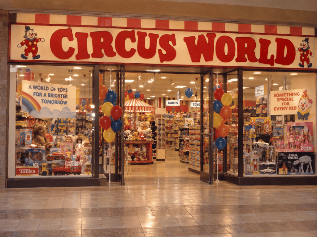 Exterior view of a toy store named 'Circus World' featuring colorful decorations, balloons, and a variety of toys visible through the windows.