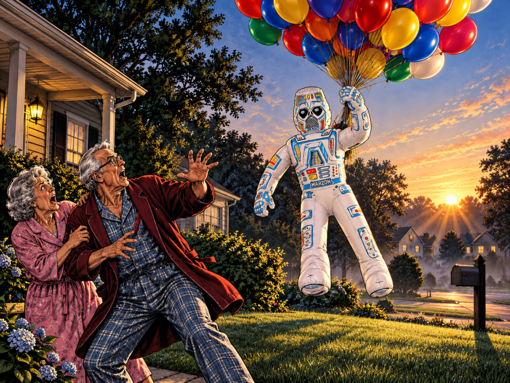 An elderly couple reacts with surprise as a ballooned astronaut figure floats above their front yard at sunrise.
