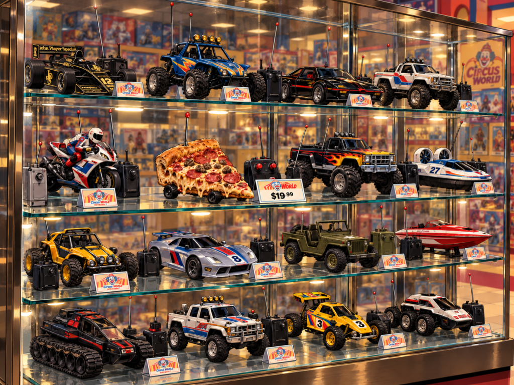 A display case filled with various remote-controlled cars and toys, including a racing car, off-road vehicles, and a pizza-shaped toy, all on shelves with price tags.